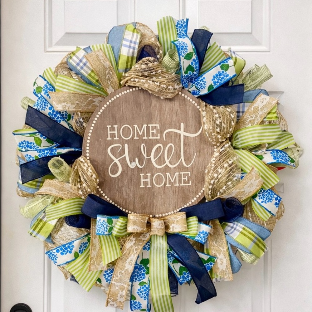 Home Sweet Home Decorative Wreath - Blue, Green, natural